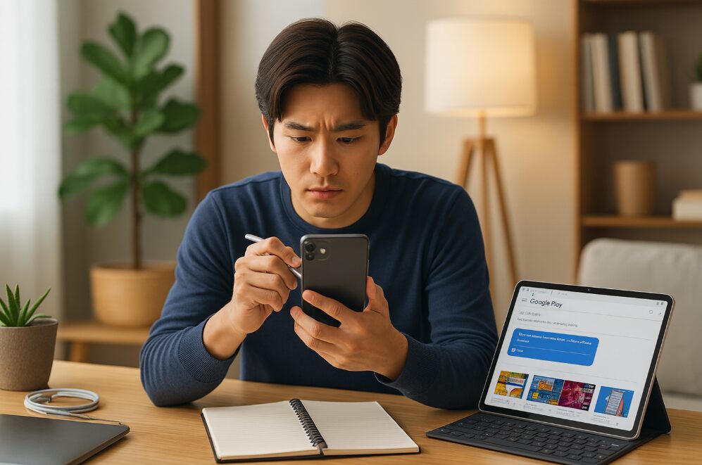 要求される権限などをチェックリストで確認している日本人男性
