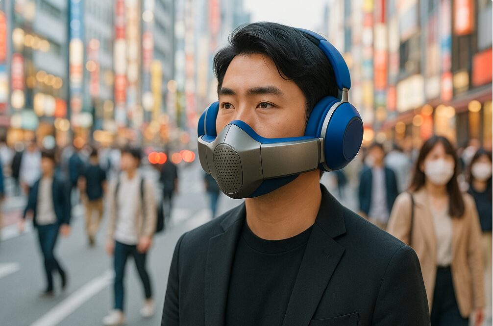 近未来的なデザインのダイソンヘッドホンDyson Zoneを装着