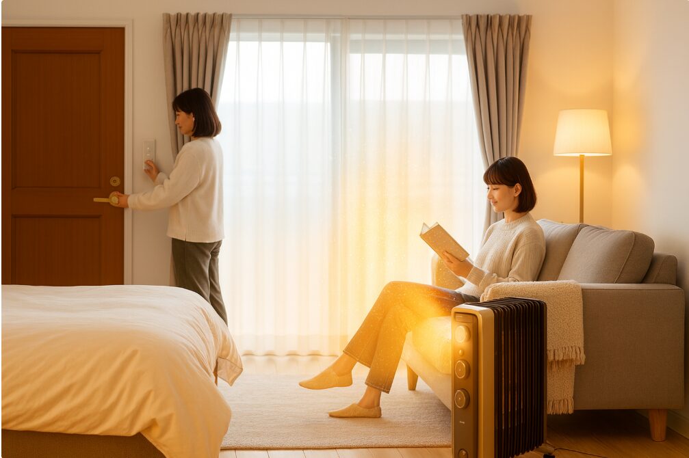部屋で本を読みながらくつろぐ日本人女性。