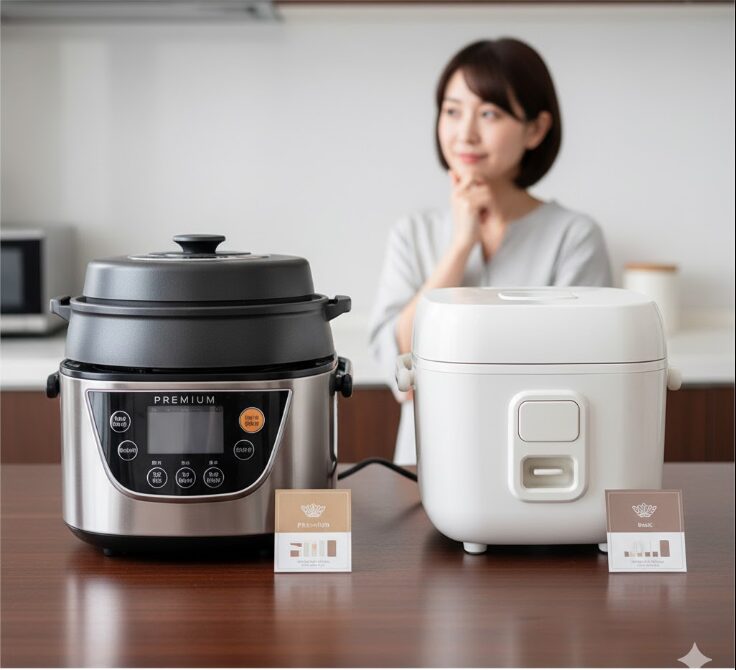 高機能な最新の高級炊飯器と、シンプルなデザインの安価なマイコン式炊飯器が並べて置かれている