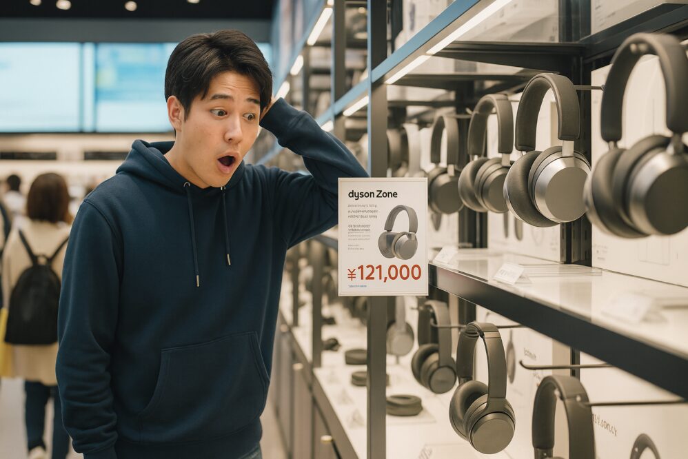 高級ヘッドホンの価格表示を見て驚いている日本人男性