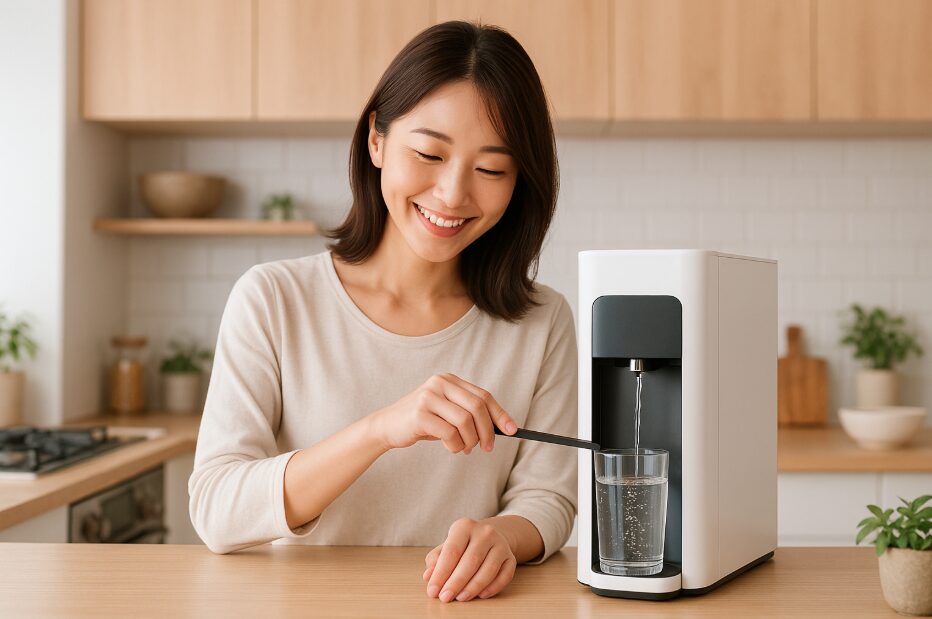 ①20〜30代の日本人女性が自然な笑顔でグラスに水を注いでいる瞬間を写した構図。