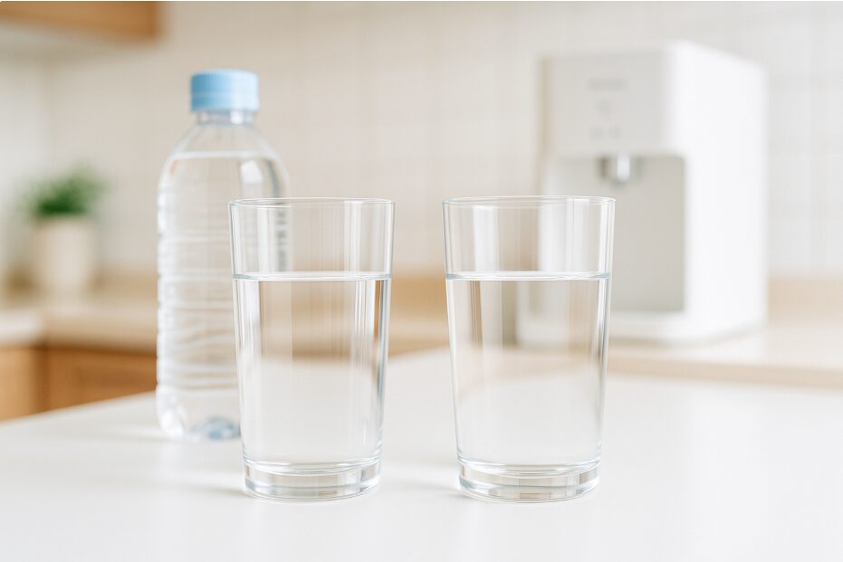 ②シンプルな白いテーブルの上に透明なグラスが2つ横並びで置かれている。左のグラスの奥には、市販のボトル入り天然水のボトルがぼんやり背景に写っている