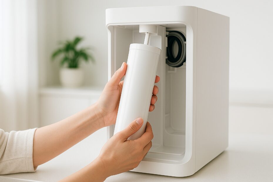 ④浄水型ウォーターサーバーの本体パネルを開けて、筒状の浄水フィルターカートリッジを引き抜き、または新しいカートリッジに交換している瞬間を捉える。