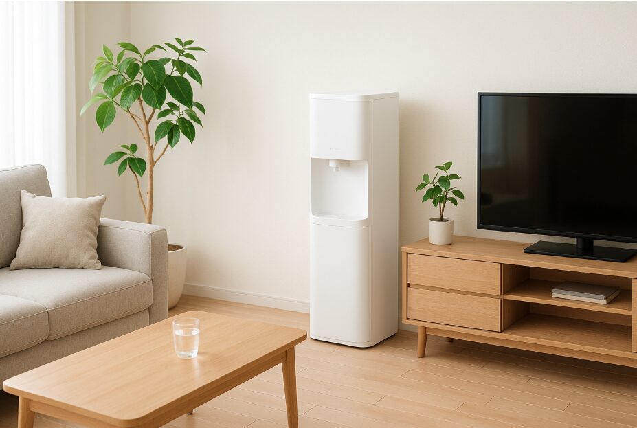 ⑥白くてミニマルデザインのスタイリッシュな浄水型ウォーターサーバーが、家具の一つのように自然に溶け込んで立っている。