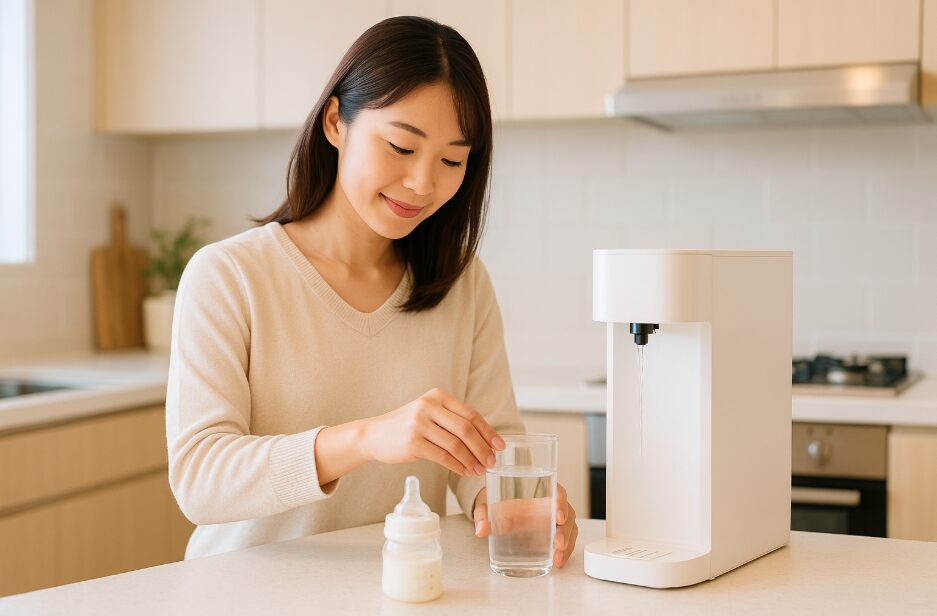 ⑦水型ウォーターサーバーの温水を使って赤ちゃんのミルクを素早く準備しているシーン