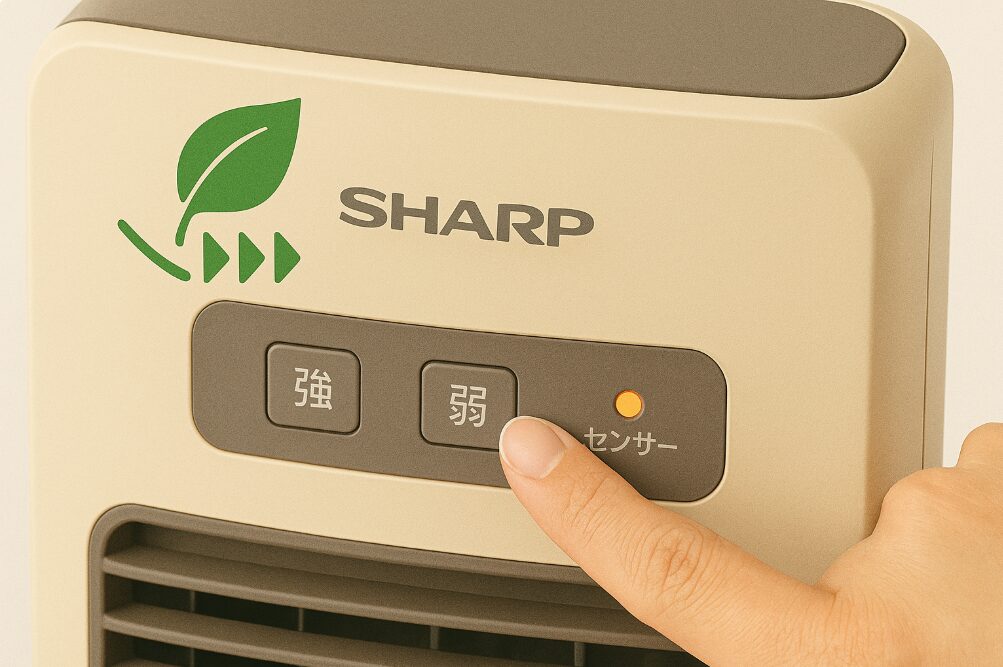 シャープのセラミックファンヒーターの操作パネルがクローズアップされ、「強」「弱」の切り替えボタンとセンサ