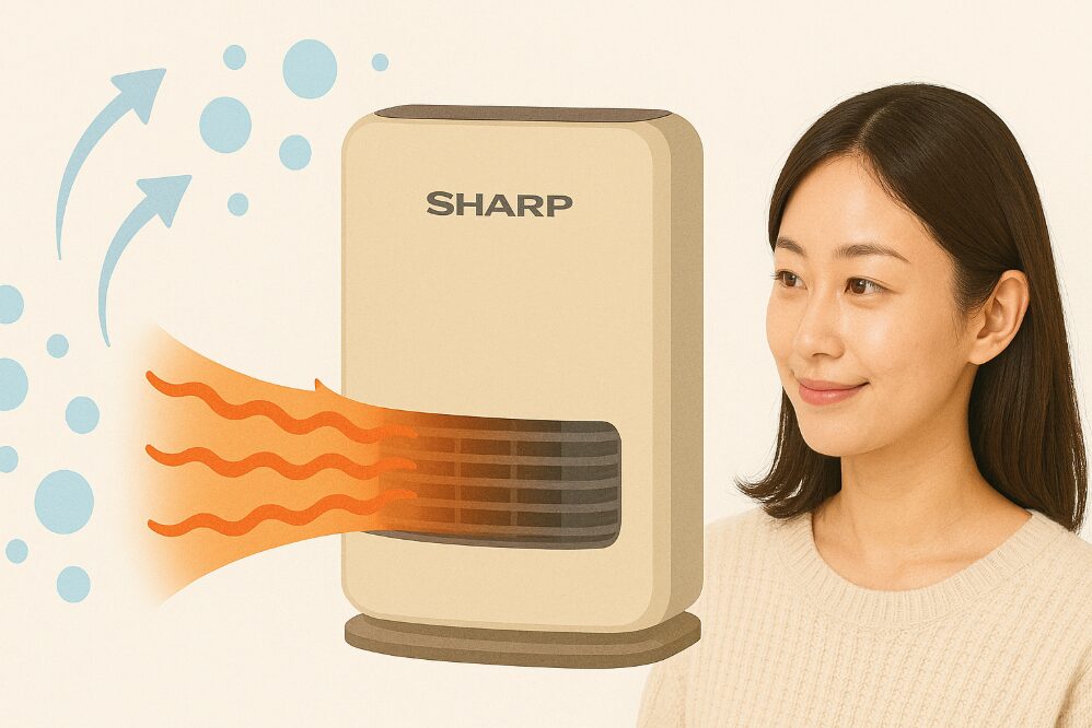 シャープの加湿セラミックファンヒーターが暖房と同時に加湿も行い、快適な湿度を保つ様子を、水蒸気と温風の流れで表現。