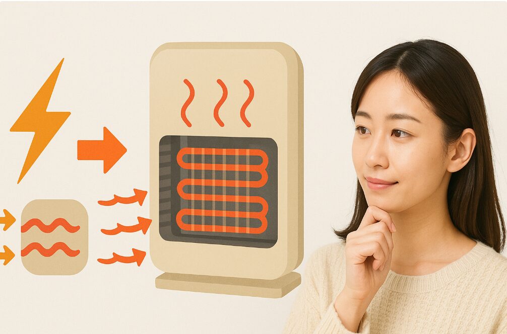 セラミックファンヒーターの内部構造を示し、電気エネルギーが熱エネルギーに変換されるシンプルな仕組みを視覚的に表現。