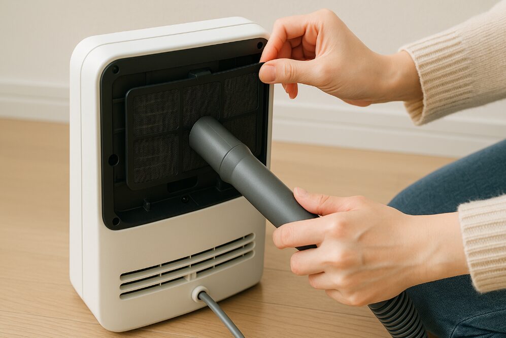 セラミックファンヒーターの背面フィルターを掃除機で掃除している日本人の手元が映り、定期的なメンテナンスの重要性を示す。