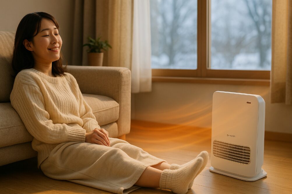 寒い冬の部屋で、シャープのセラミックファンヒーターが温風を出し、快適そうに過ごす日本人女性の足元と、その周りの温かい空気感を描写
