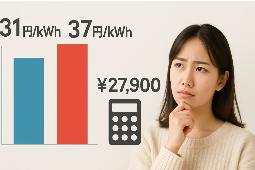 最新の電気料金単価「31円kWh」と高騰時の「37円kWh」が強調されたグラフや数字が並び、電気代計算の重要性