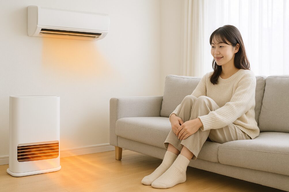 部屋全体を暖めるエアコンと、足元を素早く暖めるセラミックファンヒーターが並べられ、それぞれの得意分野と賢い併用方法を表現。