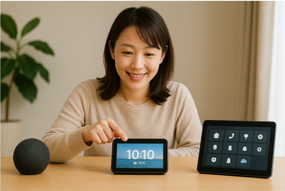 Amazon Echoシリーズの3つの主要なカテゴリー（スピーカー型、画面付き、操作パネル）を比較した図。