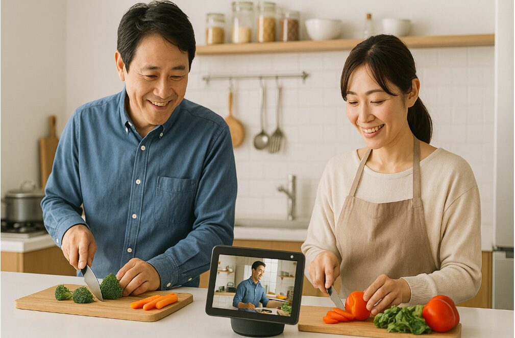 キッチンで料理をしながら、動きに合わせて画面が自動で回転するEcho Show 10を使用している日本人夫婦。