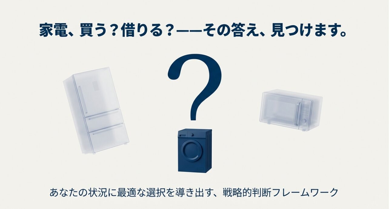 冷蔵庫と洗濯機のイラストが描かれた「家電、買う？借りる？その答え、見つけます」というタイトルのスライド表紙