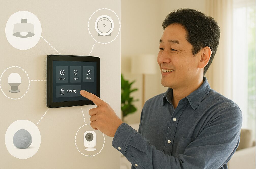 壁に取り付けられたEcho Hubが、家中のスマート家電とつながり、制御している様子を示す画像