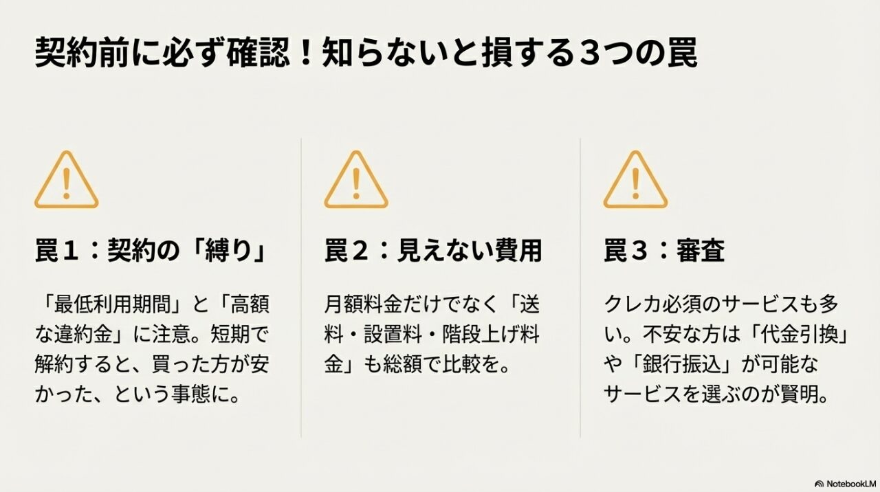 契約期間の縛り、送料などの見えない費用、審査の有無など、レンタル契約時の注意点まとめ