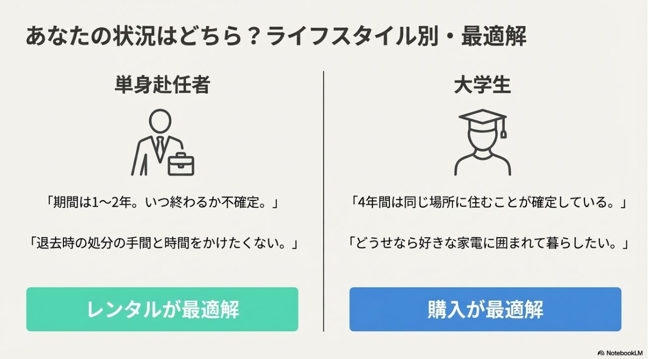 期間が不確定な単身赴任はレンタル、4年確定の大学生は購入が最適解であることを示すイラスト