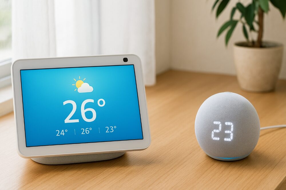 画面付きEcho Showが表示するインターネットの天気予報気温と、Echo Dotが内蔵する実際の室温センサーの違いを示した