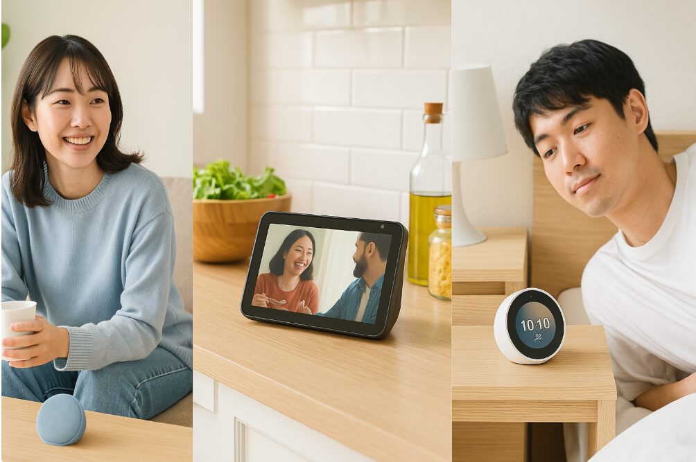 目的別のおすすめモデル（Echo Pop、Echo Show 8、Echo Spot）がそれぞれの最適な設置場所で使われているコラージュ。