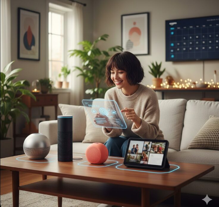 複数の最新Amazon Echoデバイスが置かれたリビングで、笑顔の日本人女性がスマートスピーカーを選ぶ様子。