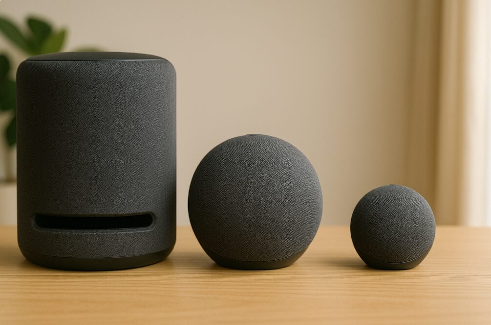 高音質モデルとして推奨されるEcho Studio、Echo (第4世代)、Echo Popの3機種が並べられたクローズアップ写真。