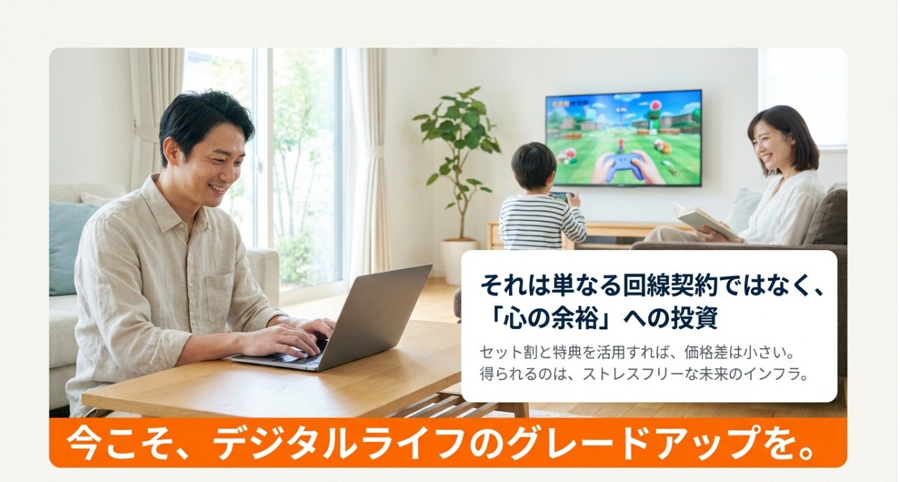 10ギガ回線へのアップグレードは、ストレスフリーなデジタルライフと「心の余裕」への投資であることを伝えるまとめのスライド