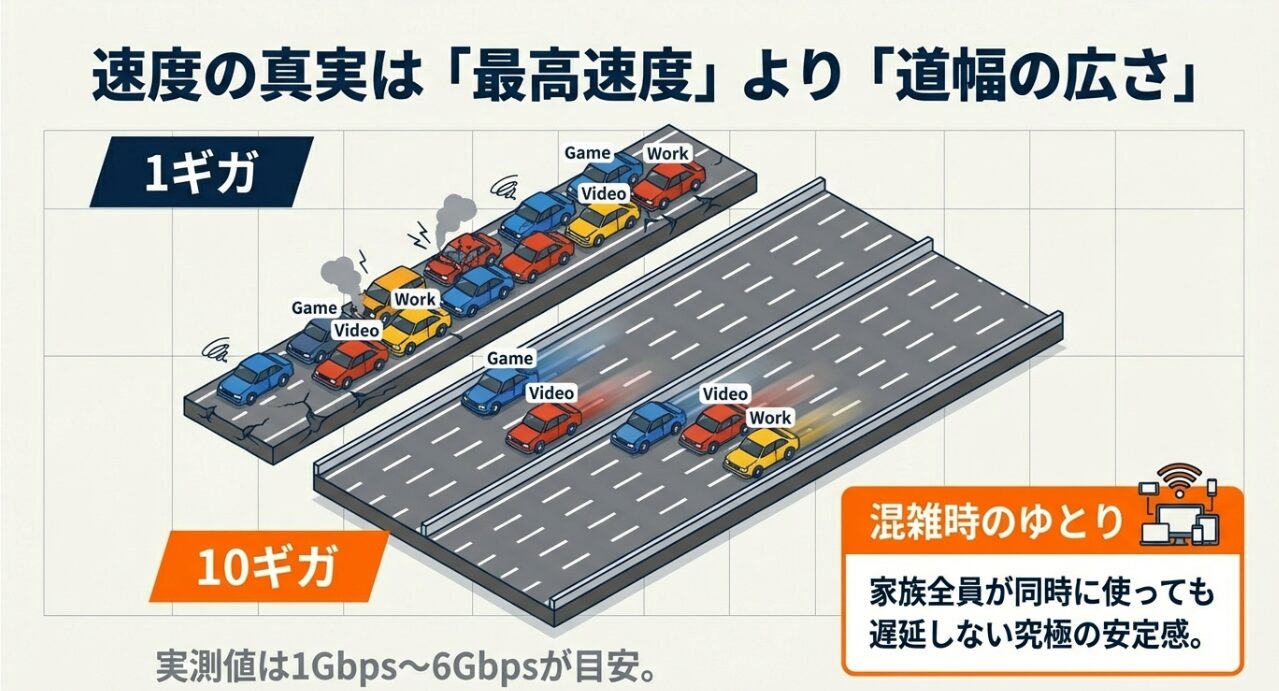 1ギガと10ギガを道路の幅に例え、家族全員が同時にビデオやゲームを楽しんでも遅延しない10ギガのゆとりを表現した図