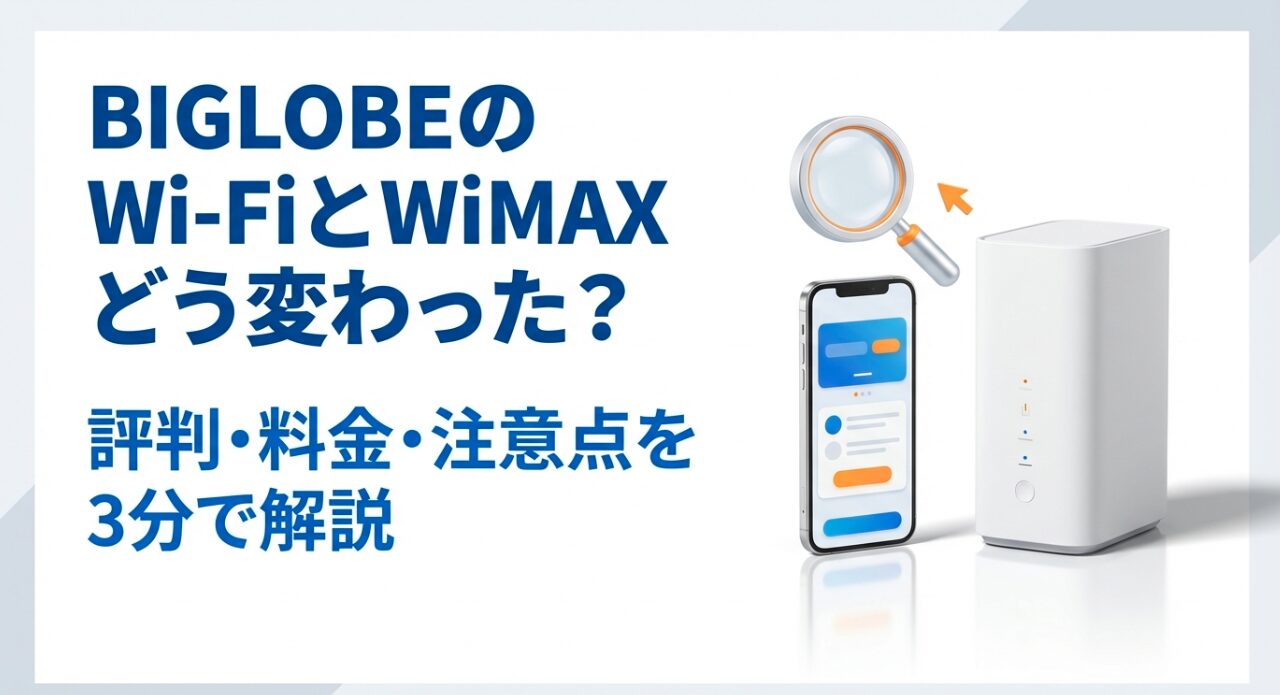 BIGLOBEのWi-FiとWiMAXがどう変わったか、評判・料金・注意点を3分で解説するスライドの表紙