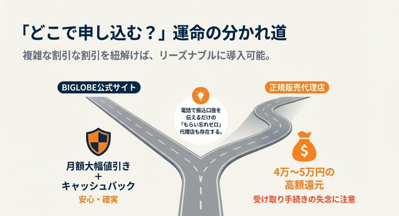 BIGLOBE公式サイトと正規販売代理店を比較し、高額還元や手続きの確実性などそれぞれのメリット・注意点をまとめた表