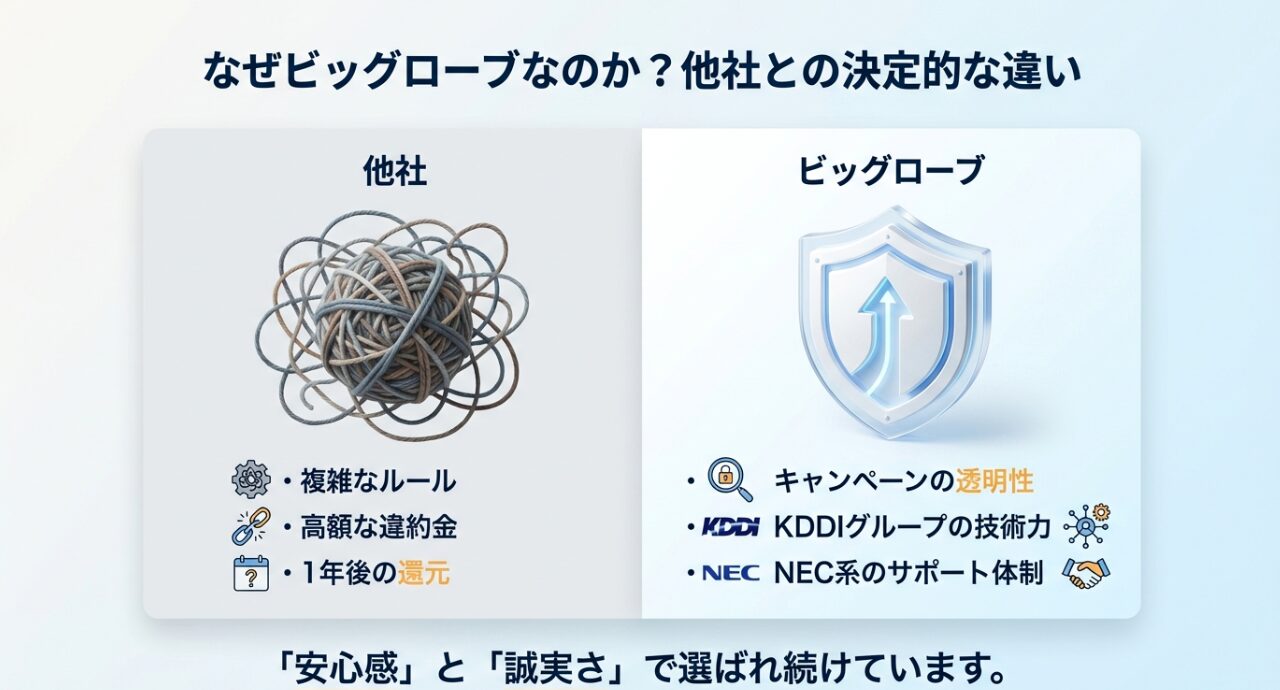S2_BIGLOBEと他社の違い。複雑なルールや高額な違約金がなく、KDDIグループの安心感があることを示す比較図