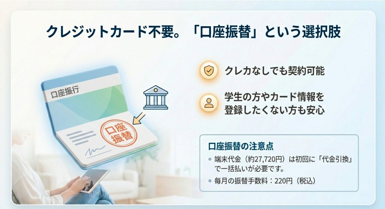 クレジットカード不要の口座振替対応。代金引換での端末代支払いなどの注意点