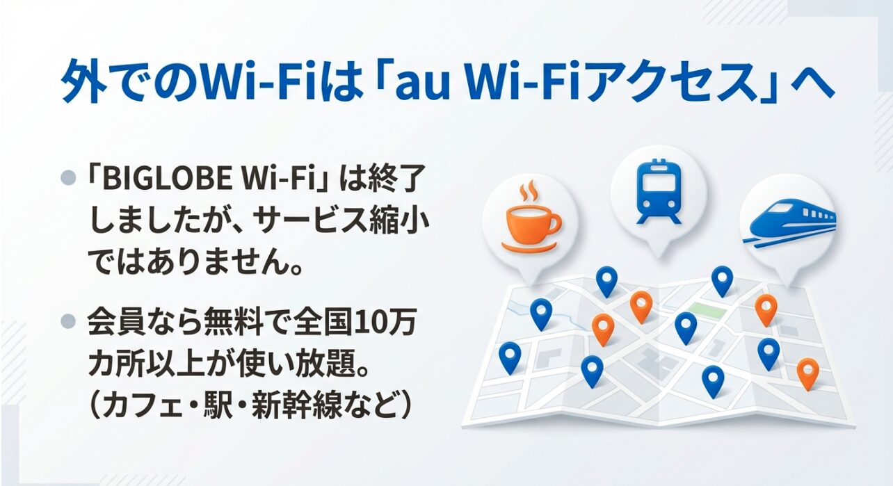 BIGLOBE Wi-Fiは終了しau Wi-Fiアクセスへ移行したこと、全国10万カ所以上のカフェ・駅などで使い放題であることを示すスライド