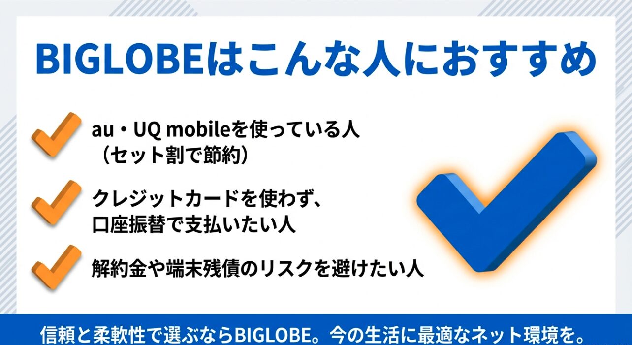 au・UQモバイルユーザー、口座振替希望者、リスクを避けたい人など、BIGLOBEがおすすめな人をまとめたスライド
