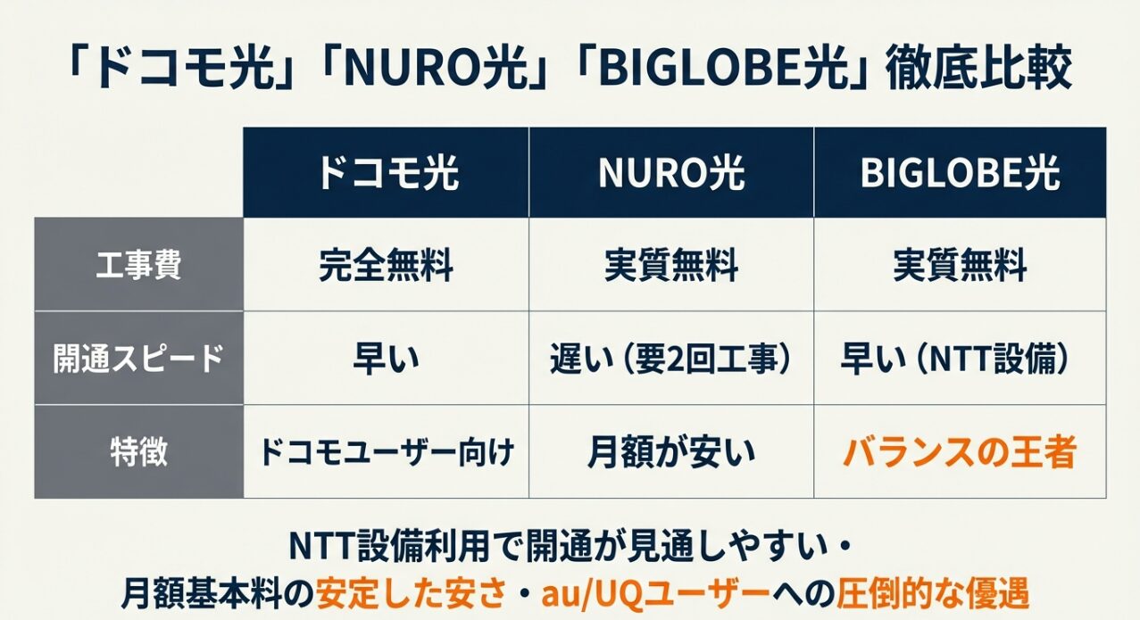 工事費、開通スピード、特徴の観点からドコモ光、NURO光、BIGLOBE光を比較し、バランスの良さを解説した表