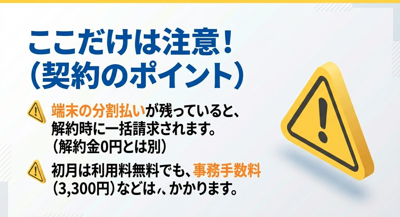解約時の端末分割払い残債や、初月無料でも事務手数料は発生するなど、契約前に注意すべきポイントをまとめたスライド