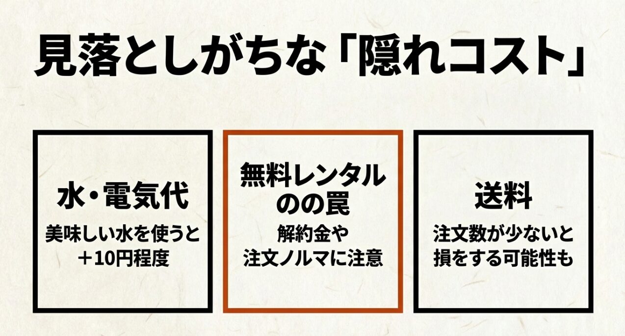 見落としがちな隠れコスト（水・電気代、無料レンタルの罠、送料）に関する注意点のスライド。