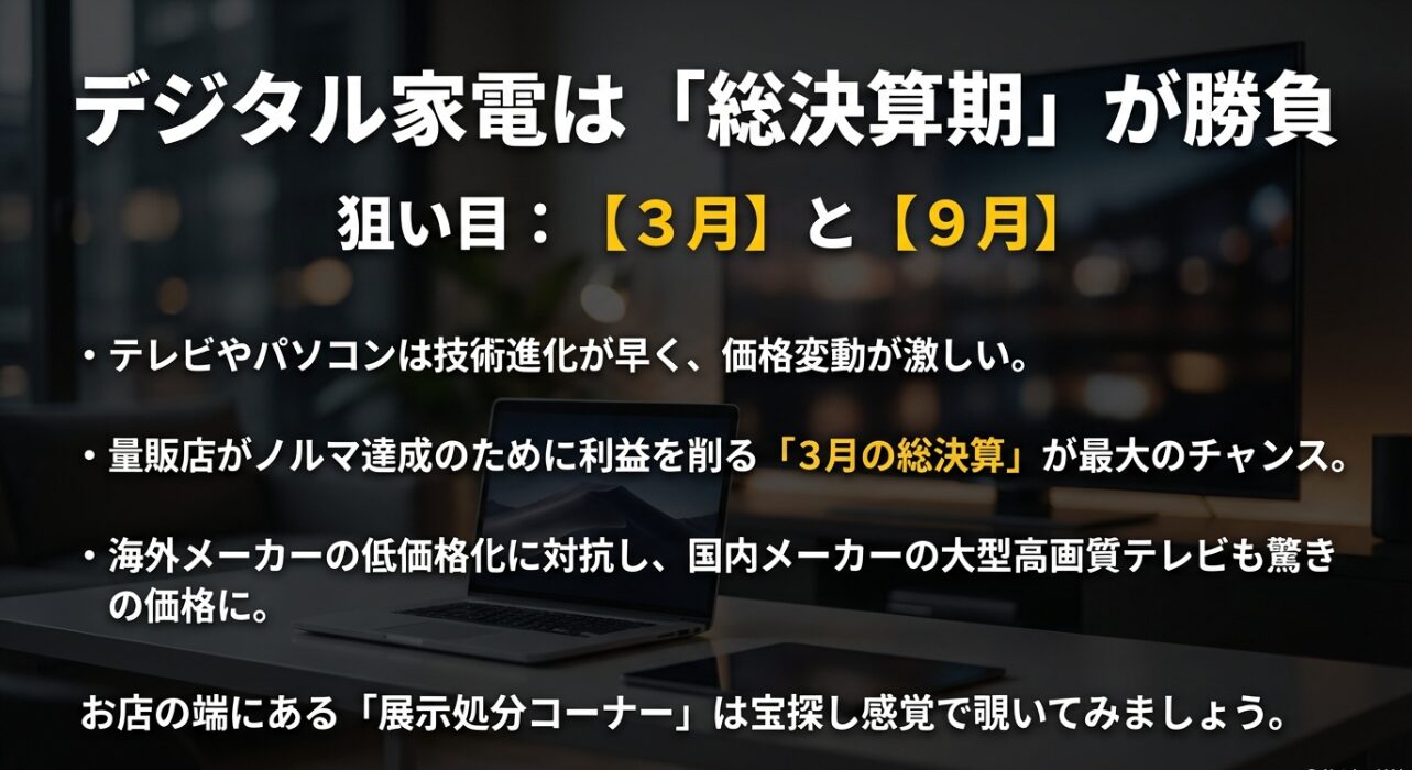テレビやパソコンの価格変動が激しい時期と、3月・9月の決算期のチャンスについて説明したスライド。