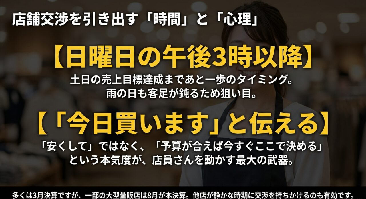 日曜日の午後3時以降や雨の日を狙う、本気度を伝えるなど、家電量販店での具体的な値引き交渉術のまとめ。