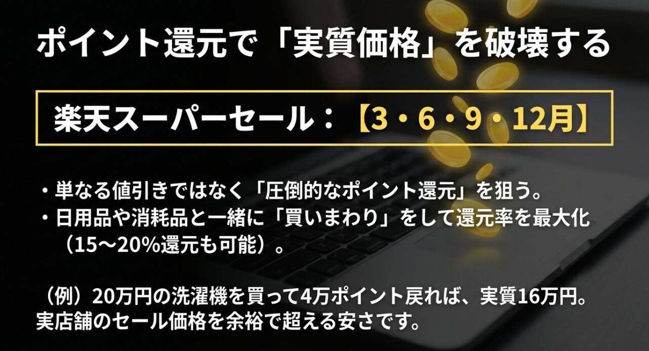 月・6月・9月・12月に開催される楽天スーパーSALEにおいて、買いまわりやクーポン活用で実質価格を大幅に下げる方法を解説したスライド。