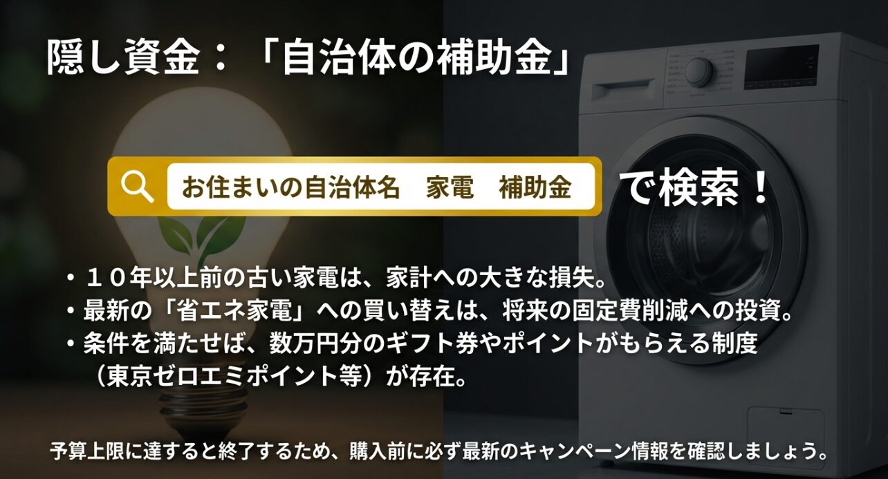「いつ・どこで・どう買うか」を知ることで数万円の節約ができるという、家電購入の最強攻略術を締めくくるエンディングスライド。