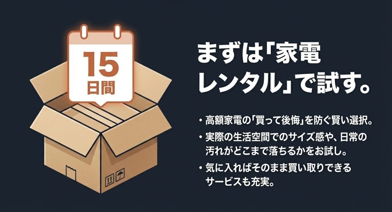 15日間のお試しレンタルで実際のサイズ感や汚れ落ちを確認できるサービスの紹介。