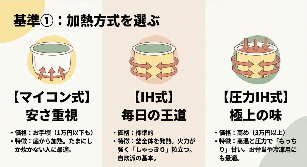 マイコン式、IH式、圧力IH式の価格帯と加熱・食感の特徴を比較した図解スライド