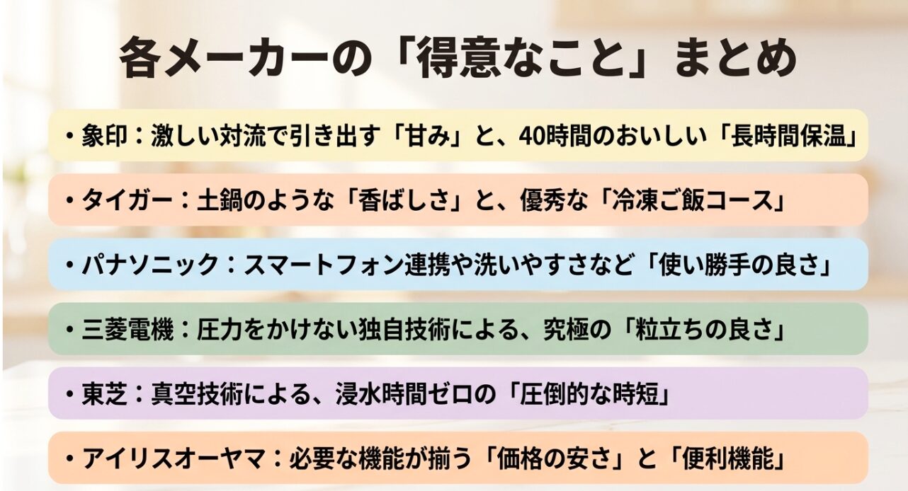 象印、タイガー、パナソニック、三菱電機、東芝、アイリスオーヤマの各社独自の炊飯技術と強みの比較。