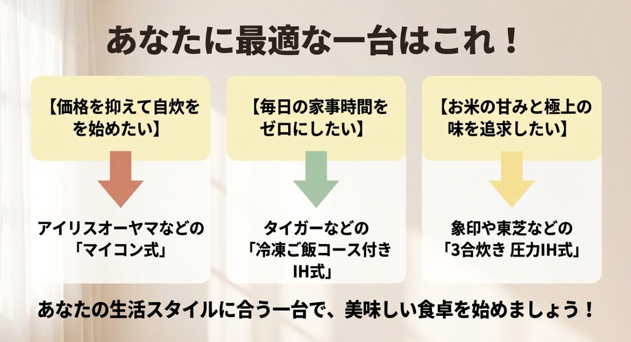 価格重視、時短重視、味重視の3タイプに合わせたおすすめモデルの最終提案スライド。