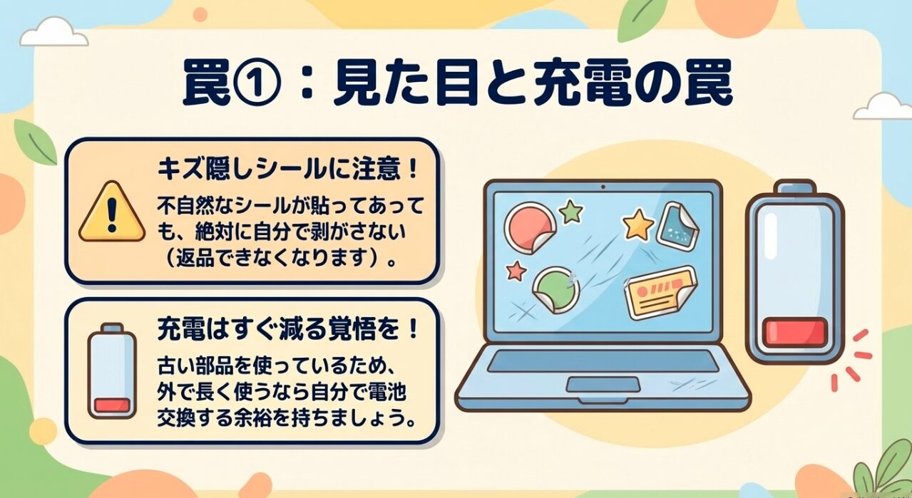 Amazon整備済み品の見た目（キズ隠しシール）とバッテリー劣化の実態