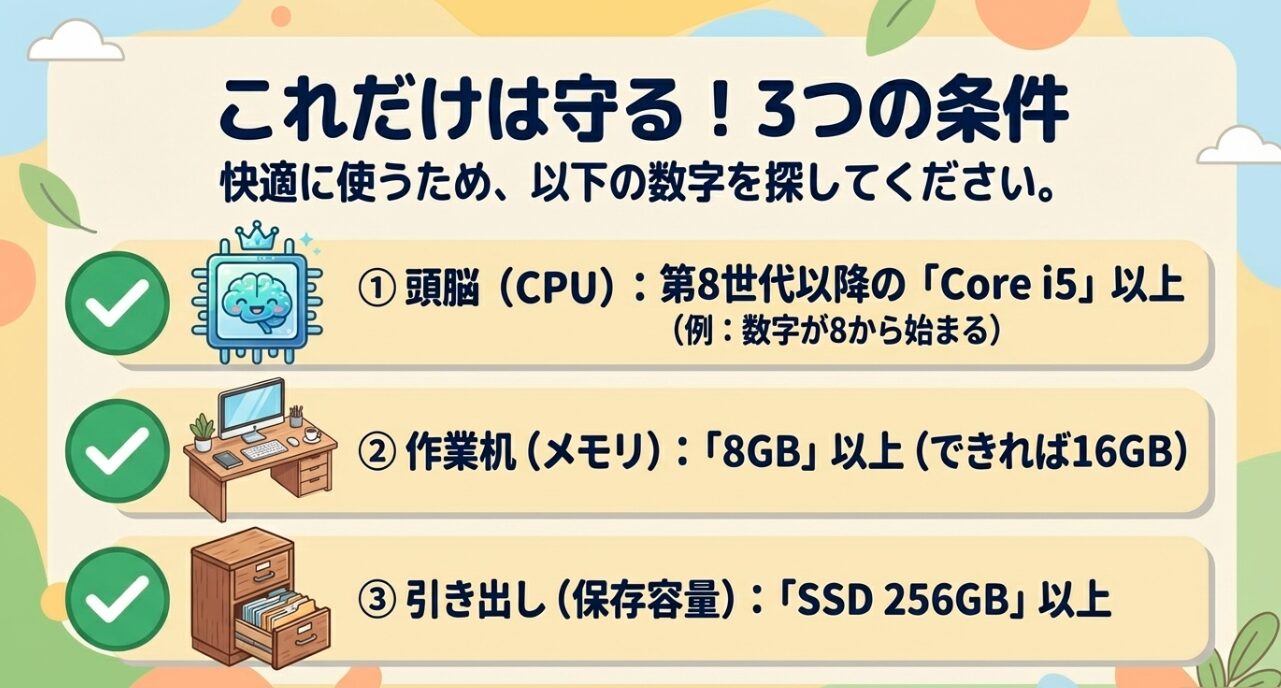 快適に使うためのパソコン必須スペック（Core i5、メモリ8GB、SSD256GB以上）