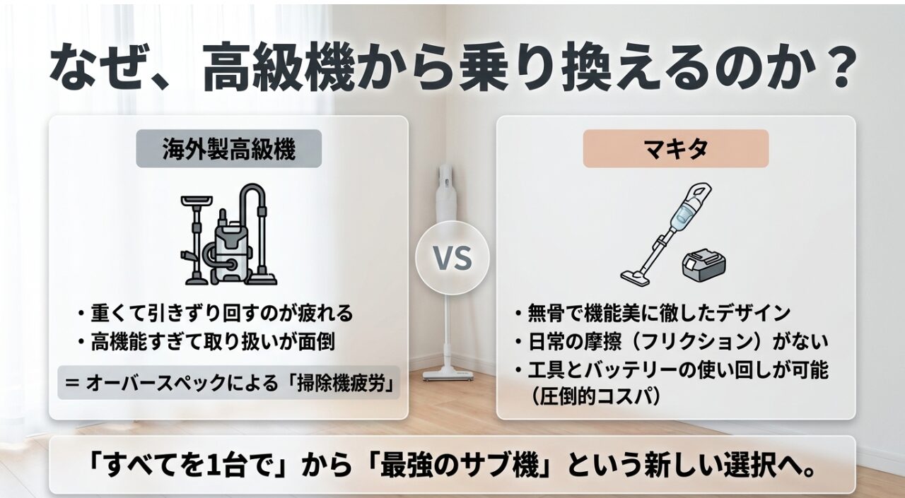 オーバースペックな海外製高級機からマキタ掃除機へ乗り換える理由の比較