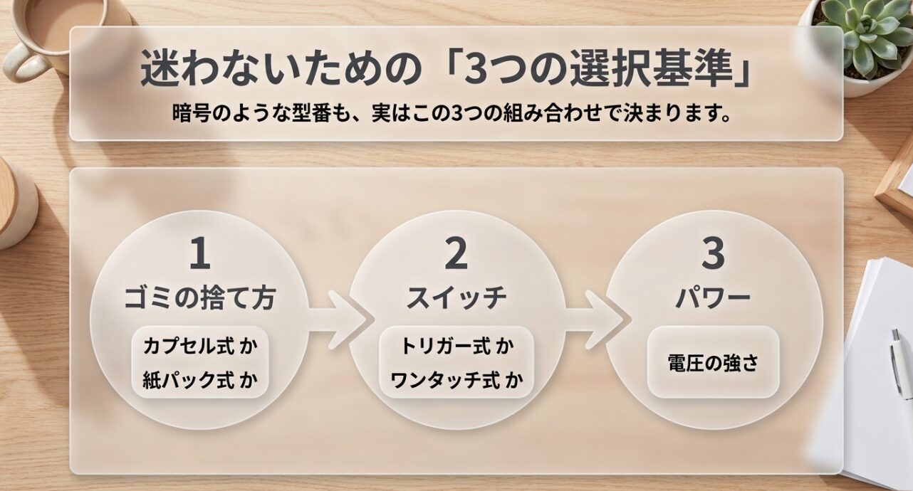 暗号のような型番も迷わない！マキタ掃除機を選ぶ3つの基準（集じん方式、スイッチ、パワー）
